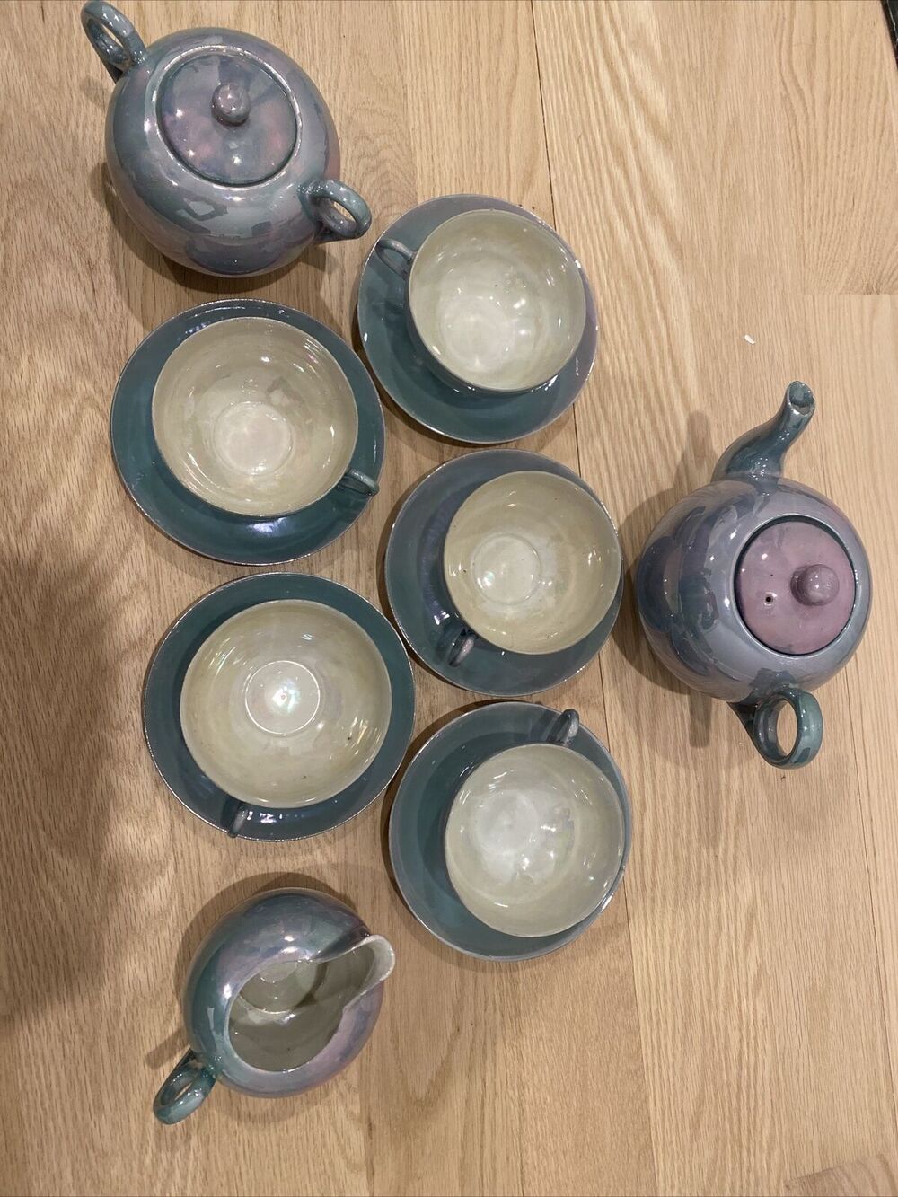 Lusterware Tea Set For 5 - Teapot, Sugar, Creamer, Cups & Saucers Japan Aqua